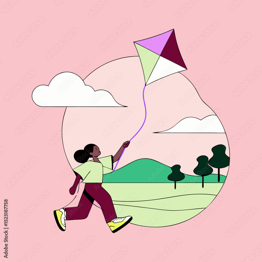 Fototapeta premium Happy child flying kite outdoors in park. Child runs happily with colorful kite string in hand. Joyful child and kite scene perfect for children's books, greeting cards,