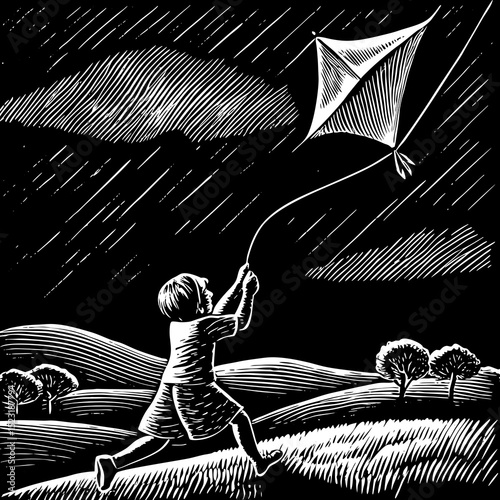 Child flying kite in rain. Happy child runs across grassy field holding string.  Young girl enjoys outdoor fun despite stormy weather. This image is perfect for children's book illustrations,