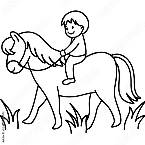 Happy child riding pony in field. Little boy enjoys pony ride, outdoor fun for kids.  Charming illustration of child riding pony perfect for children's books, greeting cards, and websites.