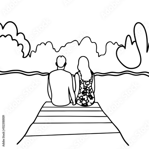 Romantic couple sitting on dock by lake at sunset. Couple enjoys peaceful evening by lake.  Tranquil lake scene perfect for romantic relationship illustrations, greeting cards,