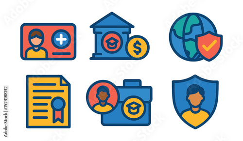 Flat vector icons of education and student insurance: student health card icon, campus medical plan, tuition refund insurance, study abroad protection, school policy document, young adult coverage