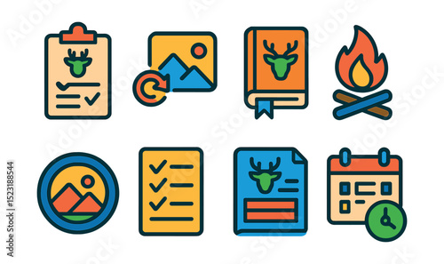 Flat vector icons of post-hunt reflection and journaling: filled game log, memory sketch icon, hunting storybook, reflection campfire, photo gallery badge, lessons learned list, season review