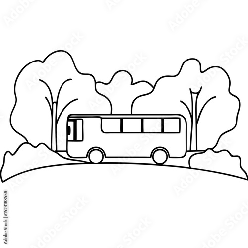 Eco-friendly electric bus in picturesque natural setting. Electric bus transportation promotes sustainable tourism and green travel. Clean energy electric bus surrounded by lush trees and vegetation.