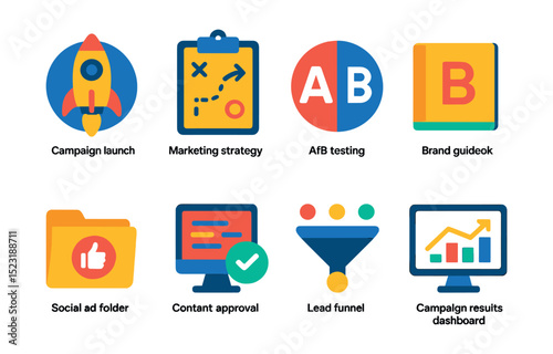 Flat vector icons of marketing workflow and campaigns: campaign launch rocket, marketing strategy chart, A/B testing badge, brand guidebook, social ad folder, content approval icon, lead funnel