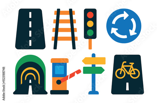 Flat vector icons of transportation infrastructure: multilane highway, railway tracks, traffic light icon, roundabout symbol, tunnel entrance, toll gate booth, road signpost, bike lane pavement.
