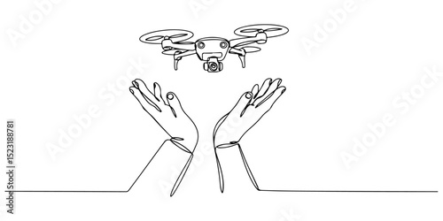 Continuous single line drawing of a small drone flying over an open hand,representing innovation and new technology in the world of aviation,line art style vector illustration.