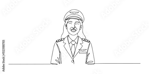 Continuous single line drawing of young woman wearing pilot uniform and smiling proudly, representing female empowerment in aviation, line art style vector illustration. photo