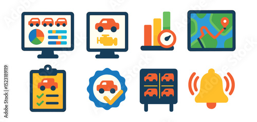 Flat vector icons of fleet management: fleet dashboard icon, vehicle diagnostics screen, fuel efficiency chart, GPS fleet tracking map, maintenance log clipboard, truck inspection badge, vehicle