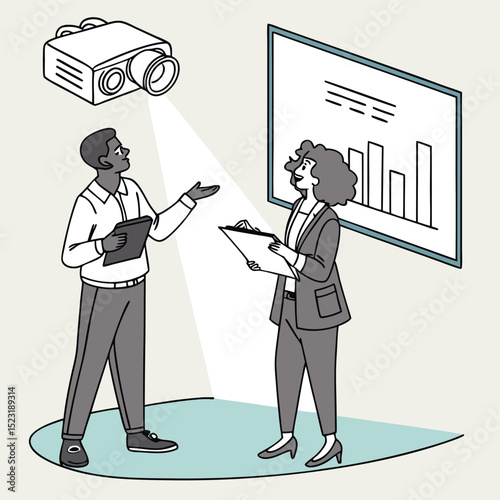 Business colleagues reviewing presentation data on whiteboard
