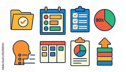 Flat vector icons of productivity frameworks and systems: Getting Things Done folder, OKR goal board, SMART goal checklist, 80/20 principle pie chart, Ivy Lee method icon, Kanban board, time audit