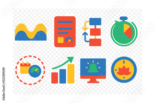 Flat vector icons of balanced work rhythms: ultradian rhythm wave, break schedule card, work-rest flowchart, cycle timer icon, pace planner badge, energy balance graph, mini-break alert, mindful