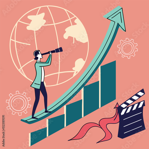 Business leader observing growth trend with telescope and upward arrow