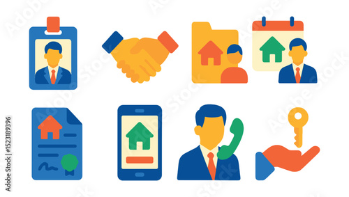 Flat vector icons of real estate agents and services: real estate agent badge, handshake with buyer, property consultation folder, home showing appointment, agency contract icon, real estate app,