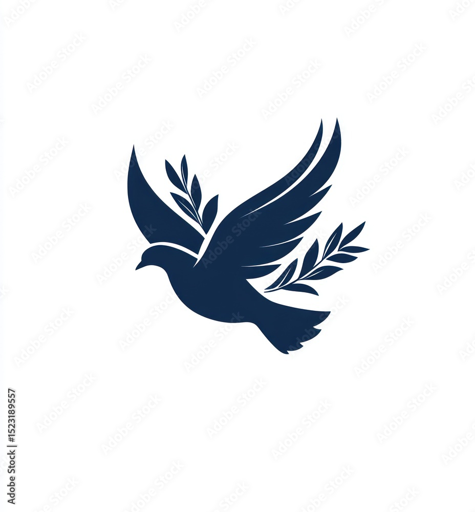 Obraz premium Dark blue silhouette of a dove in flight, with olive branches