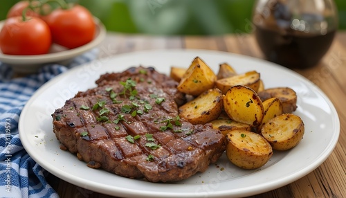 Grilled steak and roasted potatoes on a summer night