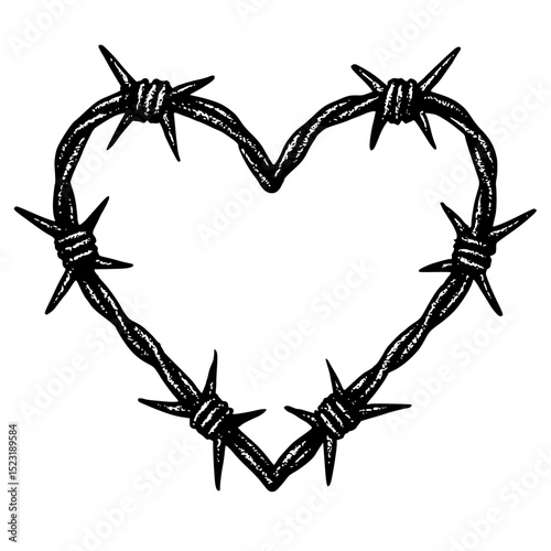 Heart-shaped barbed wire frame with retro stipple texture. Y2K goth core grunge element in photocopy style. Vector illustration on transparent background.