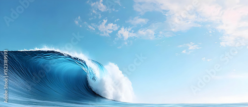 Powerful Ocean Wave Crashing In Blue Water With Dramatic Sky