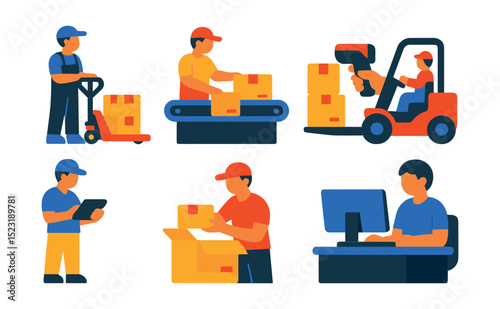 Flat vector icons of warehouse and logistics labor: pallet stacker, package sorter, barcode scanner, dock loader with boxes, inventory clerk with tablet, warehouse packer, shipment labeler,