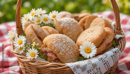 Sandwiches and daisies in a springtime picnic basket