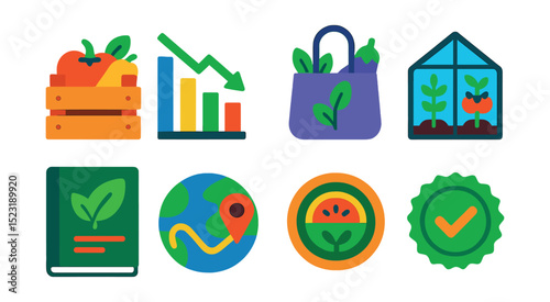 Flat vector icons of sustainable food systems: farm-to-table crate icon, food waste reduction chart, local produce bag, urban farm greenhouse, plant-based recipe book, food miles tracker, seasonal
