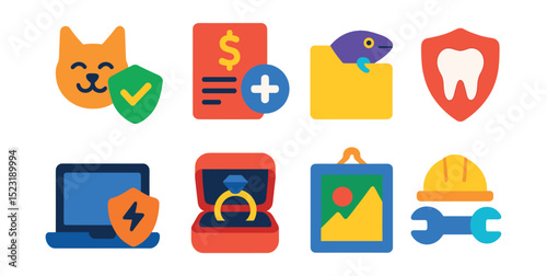 Flat vector icons of pet and specialty insurance: pet with shield icon, vet bill coverage, exotic pet plan folder, dental insurance symbol, electronic device coverage, jewelry protection box, art