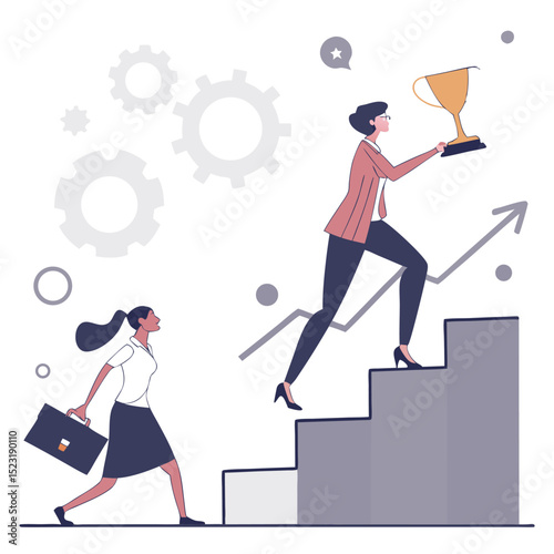 Businesswoman climbing stairs to success trophy career growth and achievement