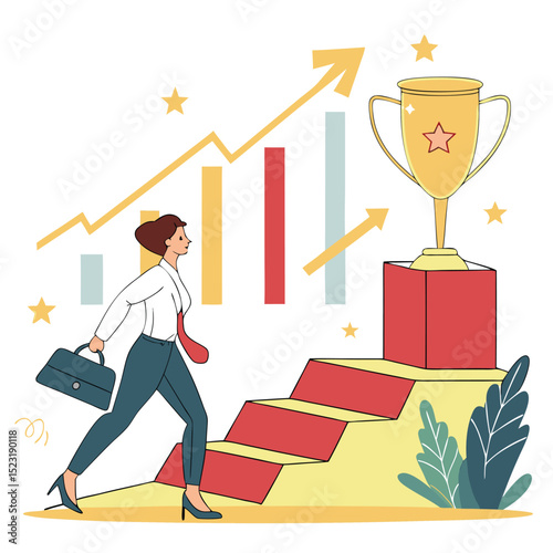 Businesswoman climbing stairs towards trophy growth chart success concept