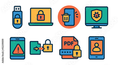 Flat vector icons of file and device protection: locked USB drive, encrypted laptop icon, remote wipe phone badge, anti-virus software screen, device security alert, secure file transfer icon,