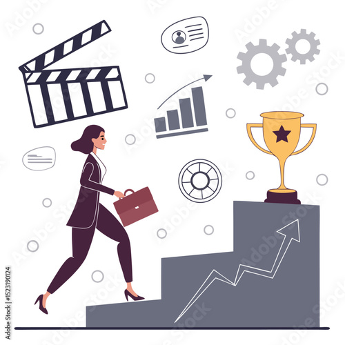 Businesswoman climbing stairs towards trophy career growth concept