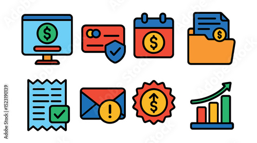 Flat vector icons of premium payment and billing: online payment screen, credit card with policy symbol, auto-debit calendar, monthly invoice folder, paid receipt icon, billing alert envelope,