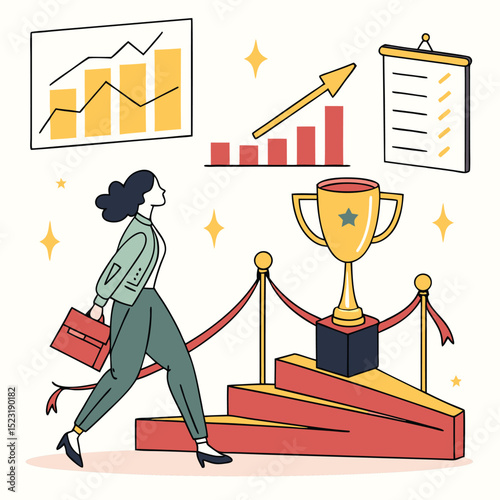 Businesswoman running up stairs to trophy