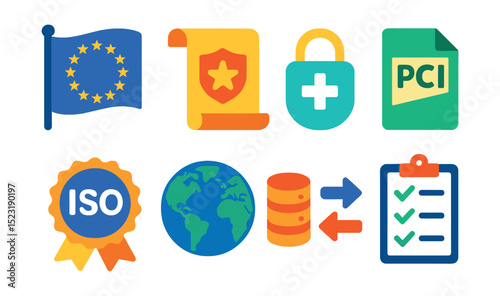 Flat vector icons of regulatory frameworks: GDPR flag icon, CCPA scroll, HIPAA compliance lock, PCI DSS file, ISO 27001 badge, global data regulation map, cross-border data flow icon, compliance