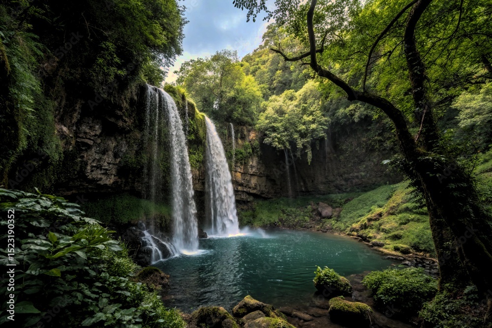 Obraz premium Lush Waterfall in a Vibrant Green Forest A Stunning Nature Photography