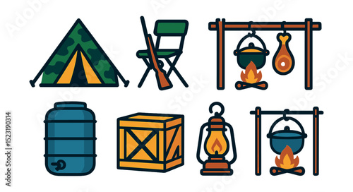 Flat vector icons of hunting camp and base setup: camo tent icon, folding chair with rifle, campfire cooking setup, meat pole icon, water barrel, supply crate, lantern with hook, cooking pot over