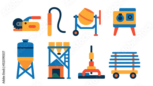 Flat vector icons of concrete and rebar machinery: rebar cutter tool, concrete vibrator device, mixing station icon, automated rebar bender, site cement silo, batch plant tower, concrete screeding