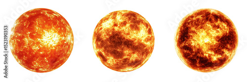 Set of Realistic photo of a celestial sun with fiery tendrils of orange and yellow flame on pure on transparent png background. Ai generated