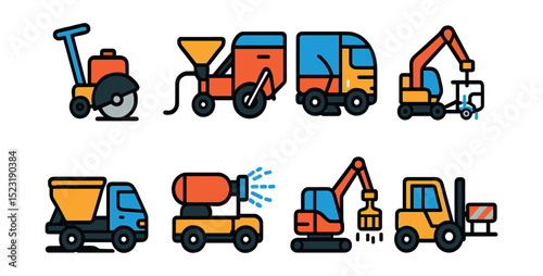 Flat vector icons of roadwork and maintenance equipment: asphalt cutter icon, crack sealing machine, street sweeper truck, traffic line painter, pothole patching unit, dust suppression sprayer,