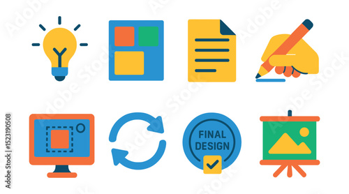 Flat vector icons of creative workflow process: idea bulb icon, moodboard layout, draft document symbol, sketching hand icon, design in progress screen, feedback loop arrows, final design stamp,