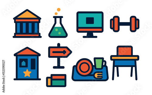 Flat vector icons of campus facilities and infrastructure: campus library building, science lab station, computer lab monitor, university gym icon, campus security booth, academic hall sign, dining