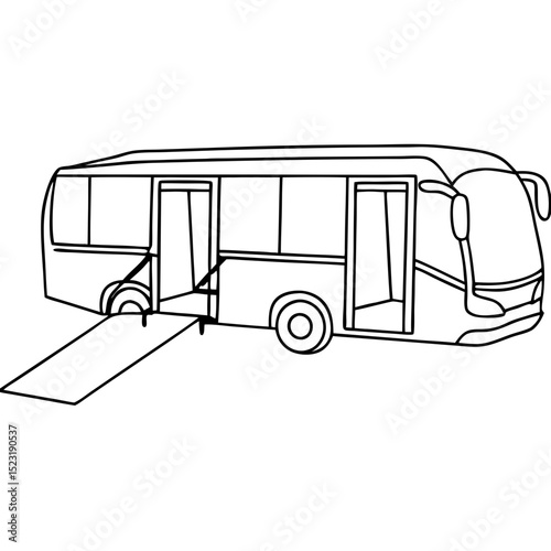 Accessible electric bus with wheelchair ramp for public transportation. Modern electric bus design features convenient wheelchair access ramp, ensuring inclusive travel for all passengers.