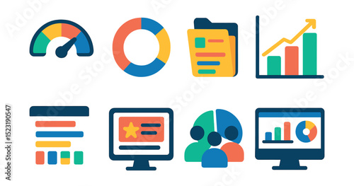 Flat vector icons of performance and tracking: KPI gauge icon, progress circle chart, performance report folder, goal vs result graph, weekly report icon, performance review screen, team stats icon,