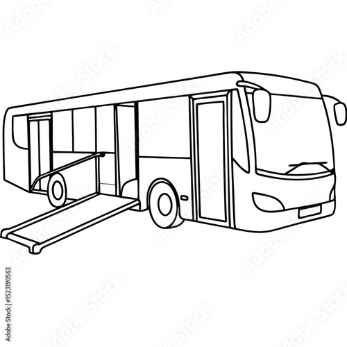 Electric bus with wheelchair ramp for accessible public transportation. Modern electric bus design includes convenient wheelchair ramp for passengers.