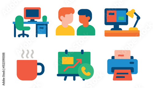 Flat vector icons of daily office workflow: office desk setup, coworker chat bubble, inbox tray icon, desktop workspace icon, coffee break mug, shared whiteboard icon, scheduled call calendar, office