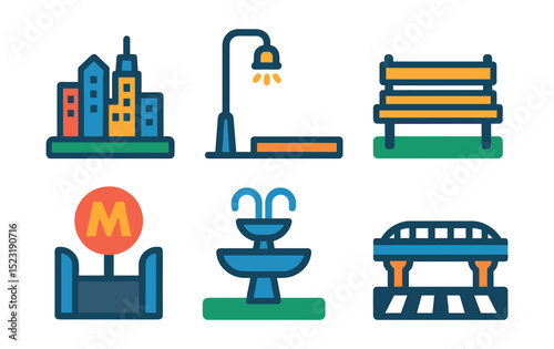 Flat vector icons of urban infrastructure: city skyline with buildings, streetlight pole, sidewalk with curb, urban park bench, metro station entrance, public fountain icon, overpass bridge,
