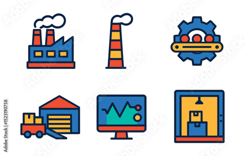 Flat vector icons of industrial infrastructure: factory plant icon, smoke stack tower, warehouse facility, assembly line gear, loading dock ramp, control room screen, chemical storage tank, freight