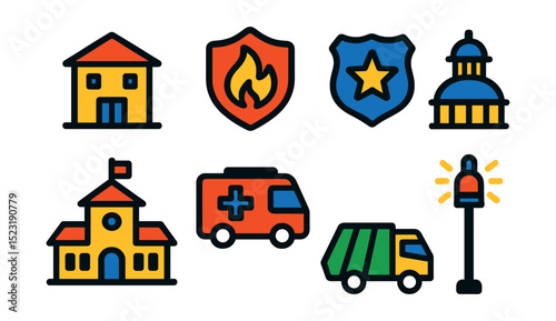 Flat vector icons of public service infrastructure: post office building, fire station symbol, police department icon, city hall dome, public school building, ambulance hub, waste collection truck,