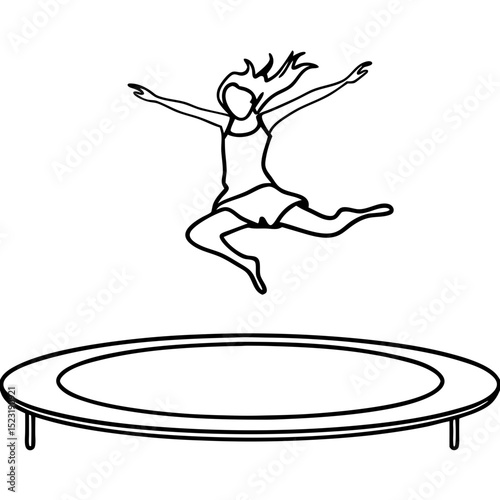 Girl jumping on round trampoline. Happy child enjoys active leisure time on trampoline.  Energetic girl playfully bounces on trampoline. Perfect image for fitness, fun, and active lifestyle concepts.