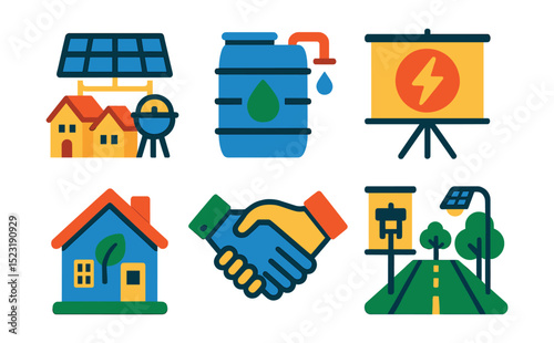Flat vector icons of community and sustainable utility use: neighborhood solar grid, community rain barrel icon, shared energy meter, local water well project, public power awareness board, eco-home