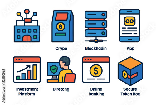 Flat vector icons of financial technology infrastructure: fintech hub office, crypto ATM machine, blockchain server, digital ledger app, investment platform dashboard, fintech compliance station,