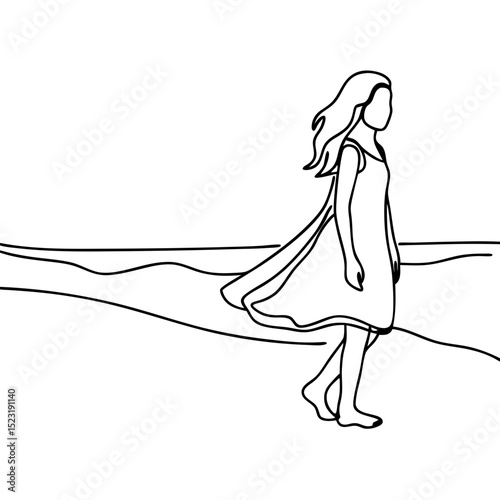 Girl walking beach shore summer vacation. Young woman in dress strolling along ocean coast enjoying warm breeze. Peaceful seaside scene ideal for travel blogs and tourism websites.
